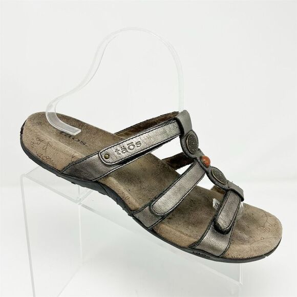 Taos Boho Silver Strappy Leather Slide Sandals Size 10 Casual Summer Shoes - Picture 1 of 13